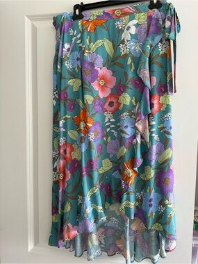 RACHEL Rachel Roy Teal Floral Midi Skirt with Pink Purple Orange Accents